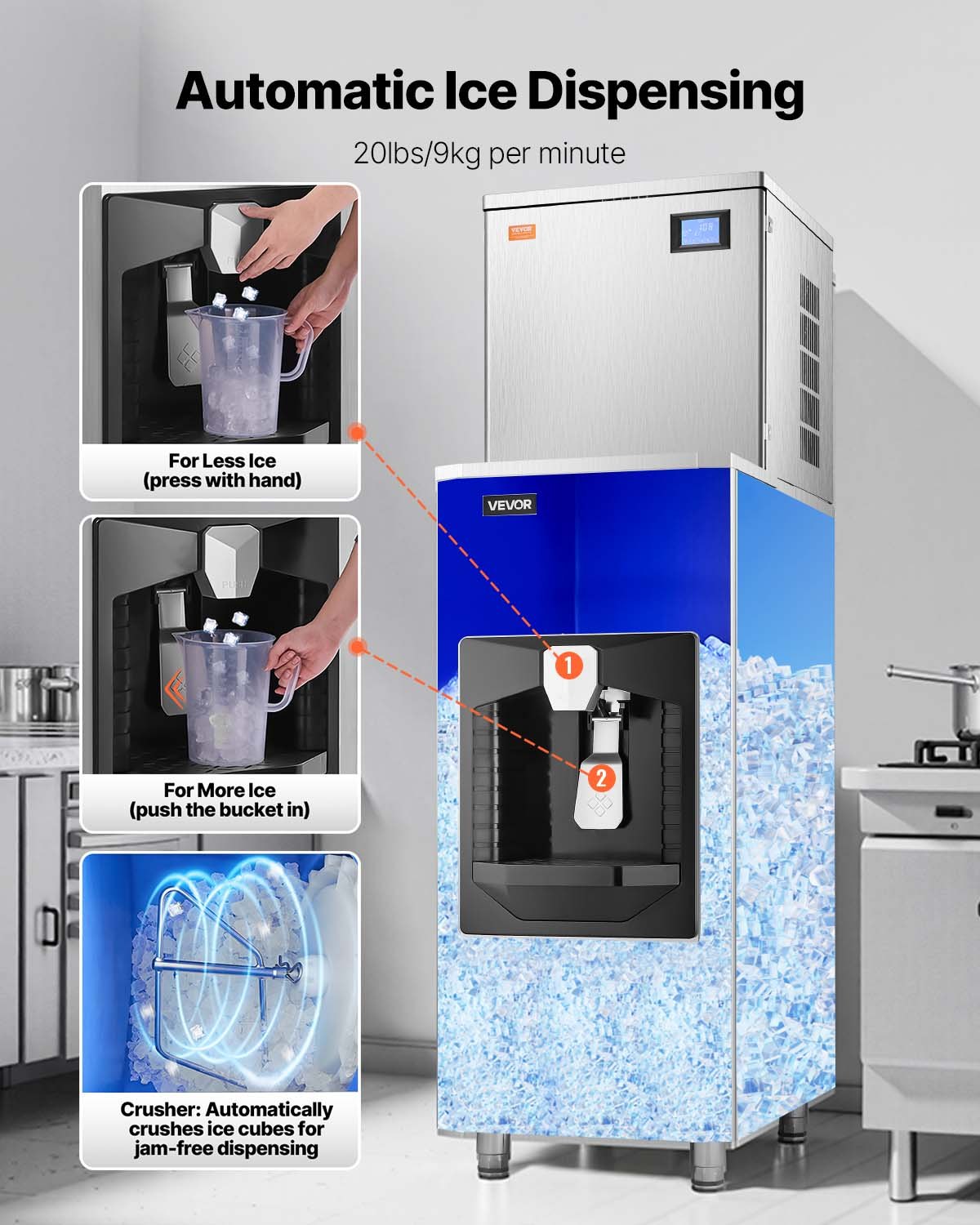 VEVOR Commercial Ice Maker, 360 Lbs/Day Ice Maker Machine, 180 Lbs Large Ice Storage Bin with 20 Lbs/Min Automatic Ice Dispensing, Self-Cleaning Ice Machine with Touchscreen for Bar, Cafe, Restaurant