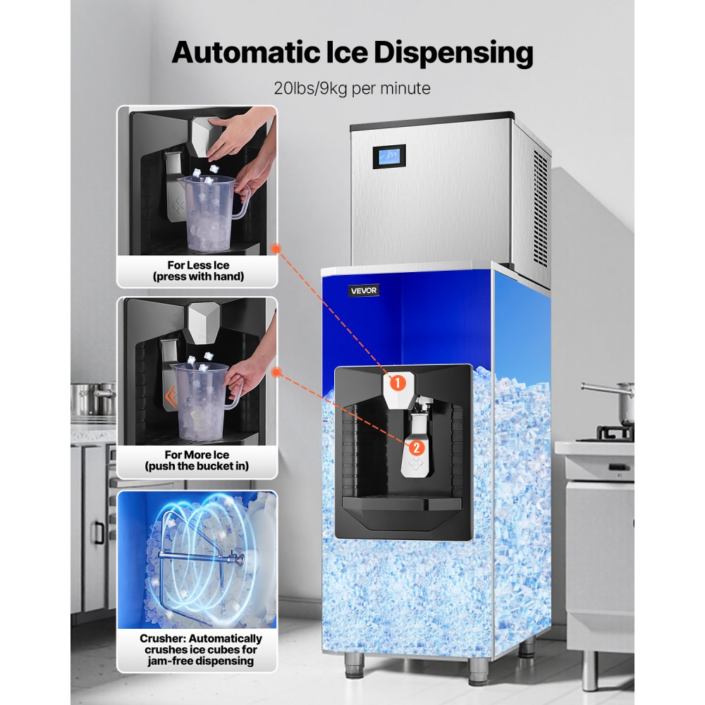VEVOR Commercial Ice Maker, 500 Lbs/Day Ice Maker Machine, 180 Lbs Large Ice Storage Bin with 20 Lbs/Min Automatic Ice Dispensing, Self-Cleaning Ice Machine with Touchscreen for Bar, Cafe, Restaurant