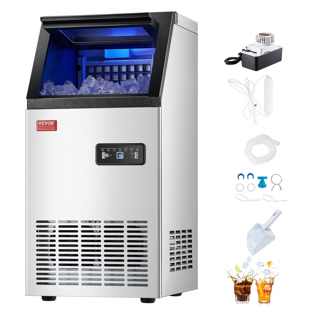 VEVOR 80lbs/24H Commercial Ice Maker Machine, 28lbs Storage Capacity Ice Maker with Drain Pump, 36 Ice Cubes in 15 Minutes, LED Digital Display Freestanding Self-Cleaning for Bar Office Restaurant