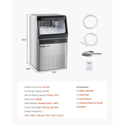Yiimo 110lbs/24H Stainless Steel Commercial Ice Maker With 27lb Storage Lcd Control Panel Auto Cleaning Perfect For Restaurant Bar Cafe Yiim2085