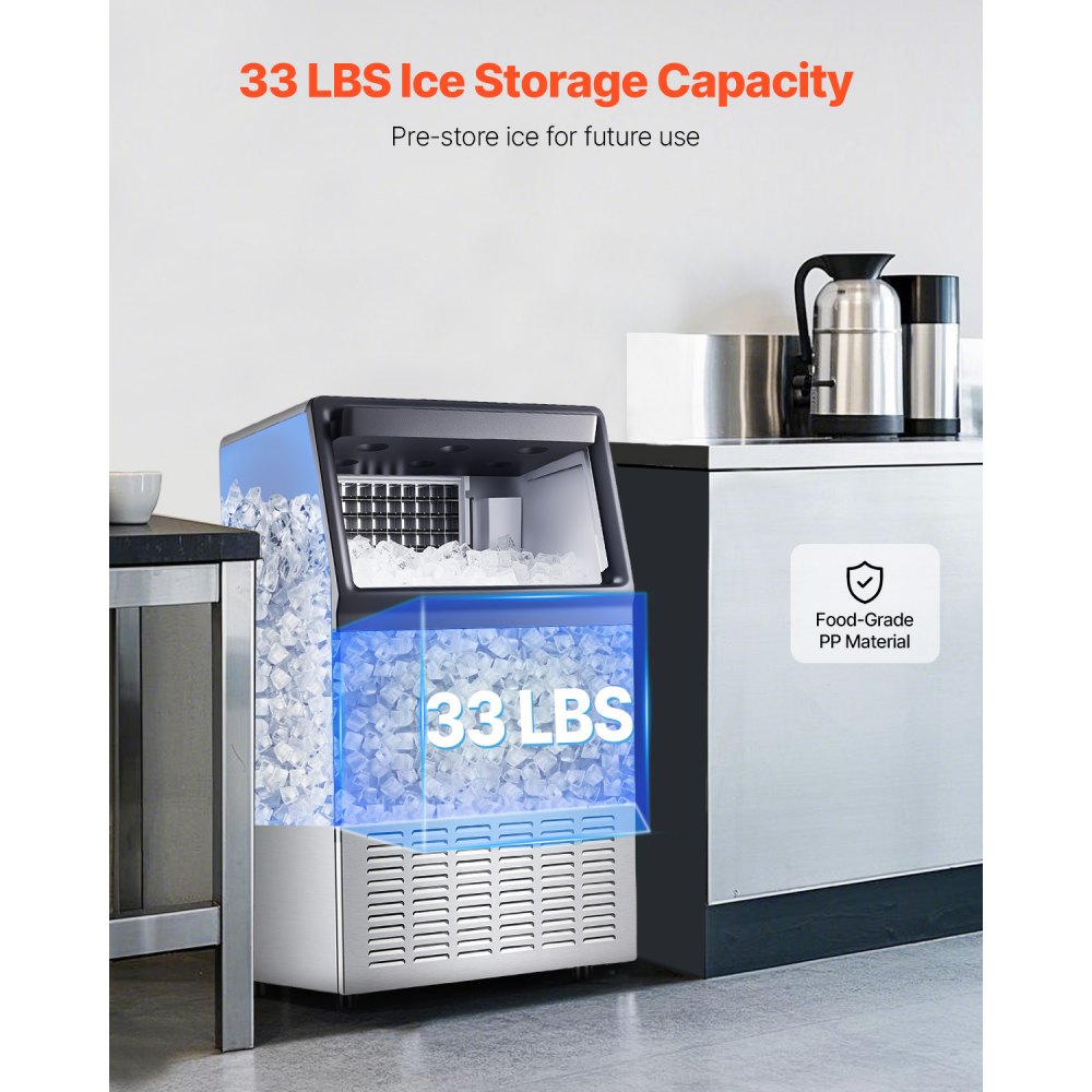 VEVOR 120lbs/24H Commercial Ice Maker Machine, 33lbs Storage Capacity Ice Maker with Drain Pump, 55 Ice Cubes in 15 Minutes, LED Digital Display Freestanding Self-Cleaning for Bar Office Restaurant