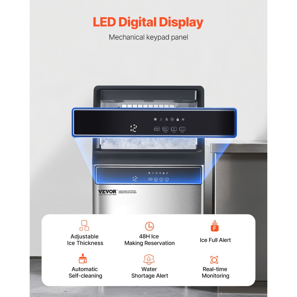 VEVOR 120lbs/24H Commercial Ice Maker Machine, 33lbs Storage Capacity Ice Maker with Drain Pump, 55 Ice Cubes in 15 Minutes, LED Digital Display Freestanding Self-Cleaning for Bar Office Restaurant