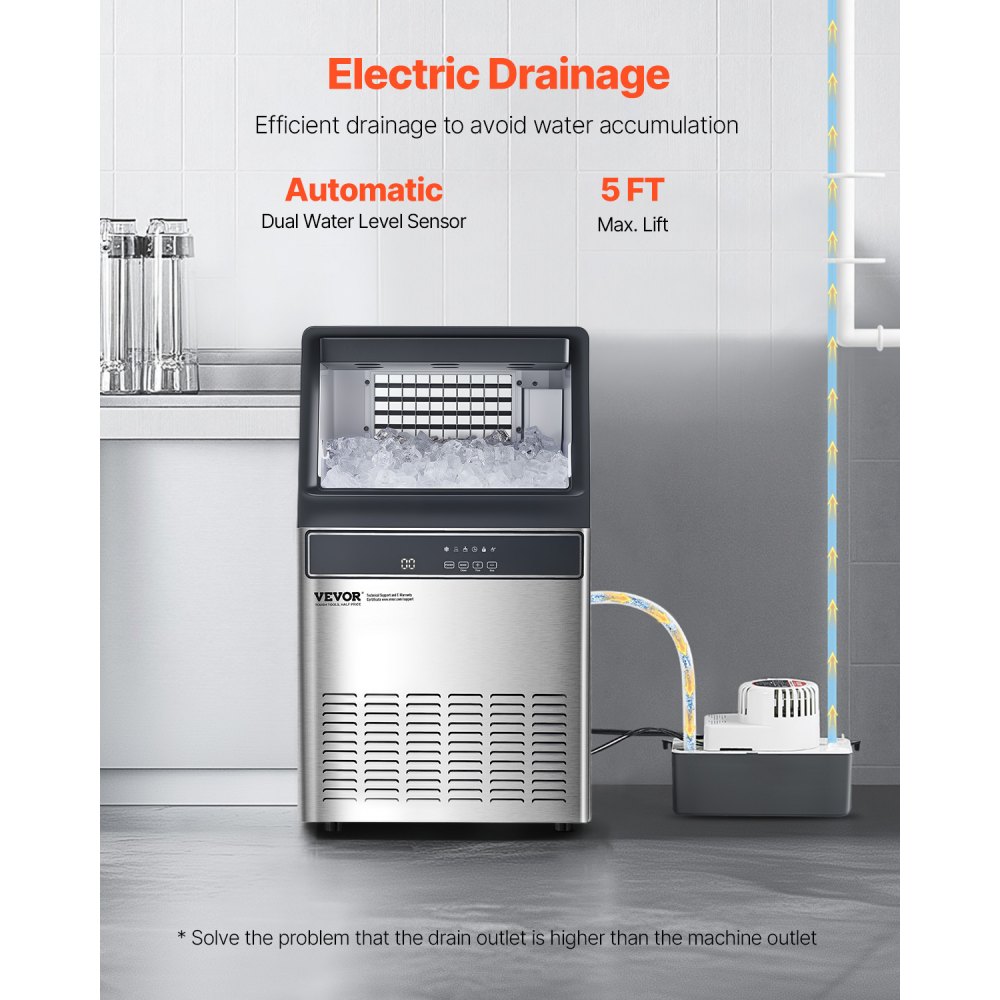 VEVOR 120lbs/24H Commercial Ice Maker Machine, 33lbs Storage Capacity Ice Maker with Drain Pump, 55 Ice Cubes in 15 Minutes, LED Digital Display Freestanding Self-Cleaning for Bar Office Restaurant