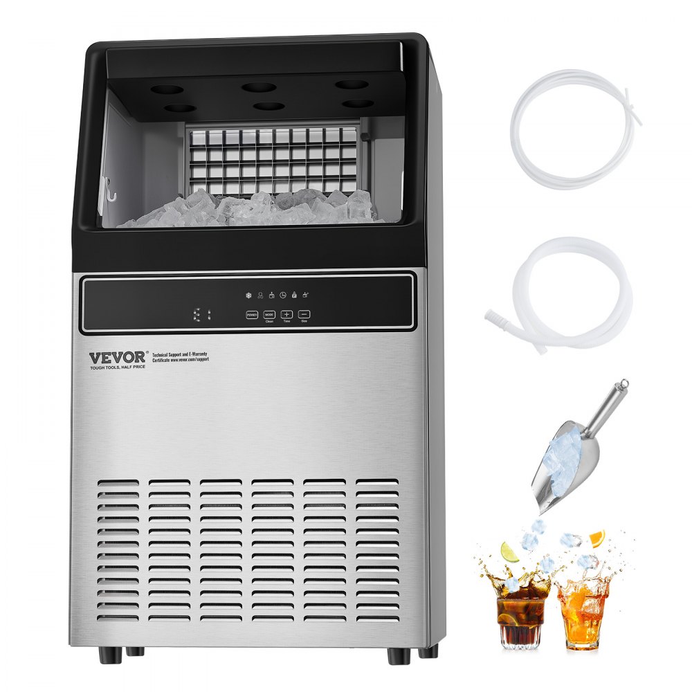 VEVOR 120lbs/24H Commercial Ice Maker Machine, 33lbs Storage Capacity Ice Maker with Drain Pump, 55 Ice Cubes in 15 Minutes, LED Digital Display Freestanding Self-Cleaning for Bar Office Restaurant