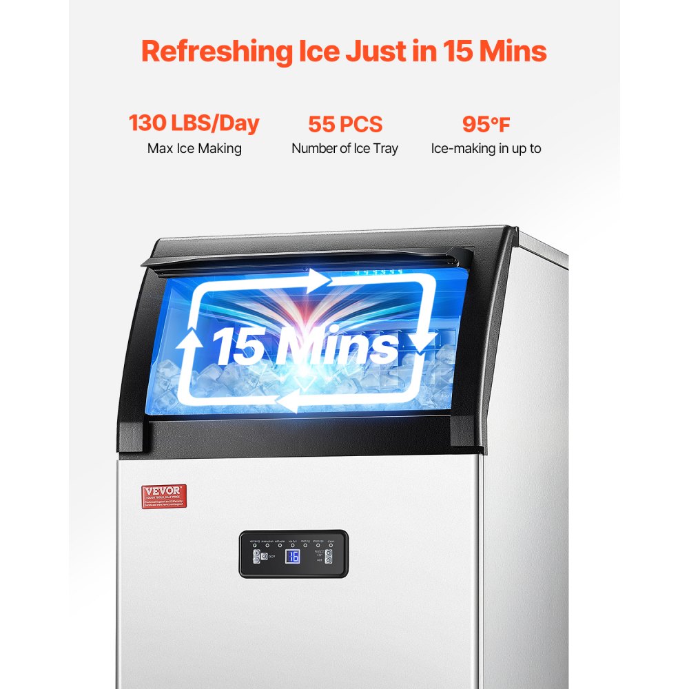 Máquina de hielo comercial VEVOR de 130 lb/24 h, con capacidad de almacenamiento de 33 lb y bomba de drenaje, 55 cubitos de hielo en 15 minutos, pantalla digital LED, autolimpiable e independiente para bares, oficinas y restaurantes.