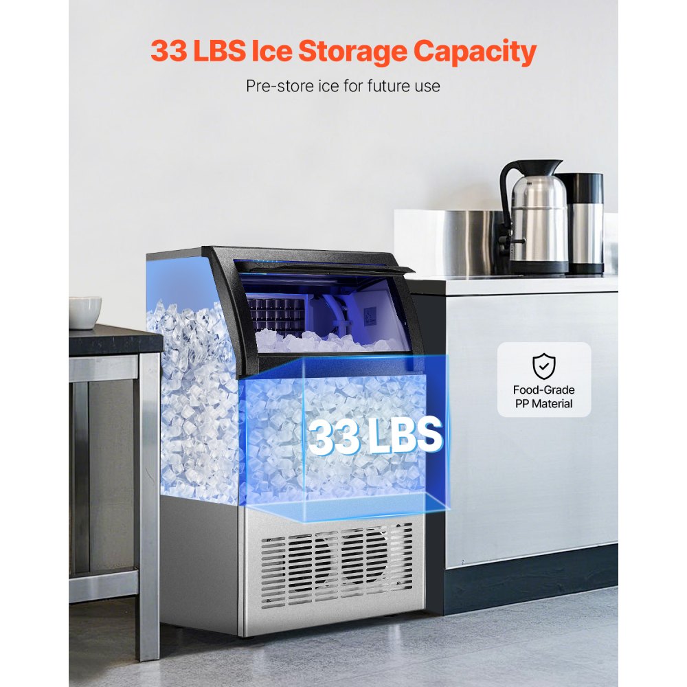 Máquina de hielo comercial VEVOR de 130 lb/24 h, con capacidad de almacenamiento de 33 lb y bomba de drenaje, 55 cubitos de hielo en 15 minutos, pantalla digital LED, autolimpiable e independiente para bares, oficinas y restaurantes.