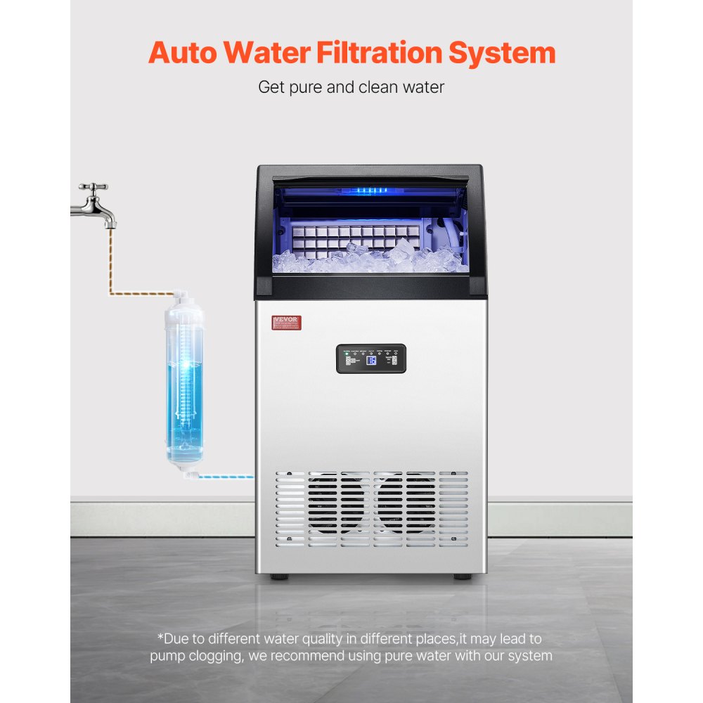 Máquina de hielo comercial VEVOR de 130 lb/24 h, con capacidad de almacenamiento de 33 lb y bomba de drenaje, 55 cubitos de hielo en 15 minutos, pantalla digital LED, autolimpiable e independiente para bares, oficinas y restaurantes.