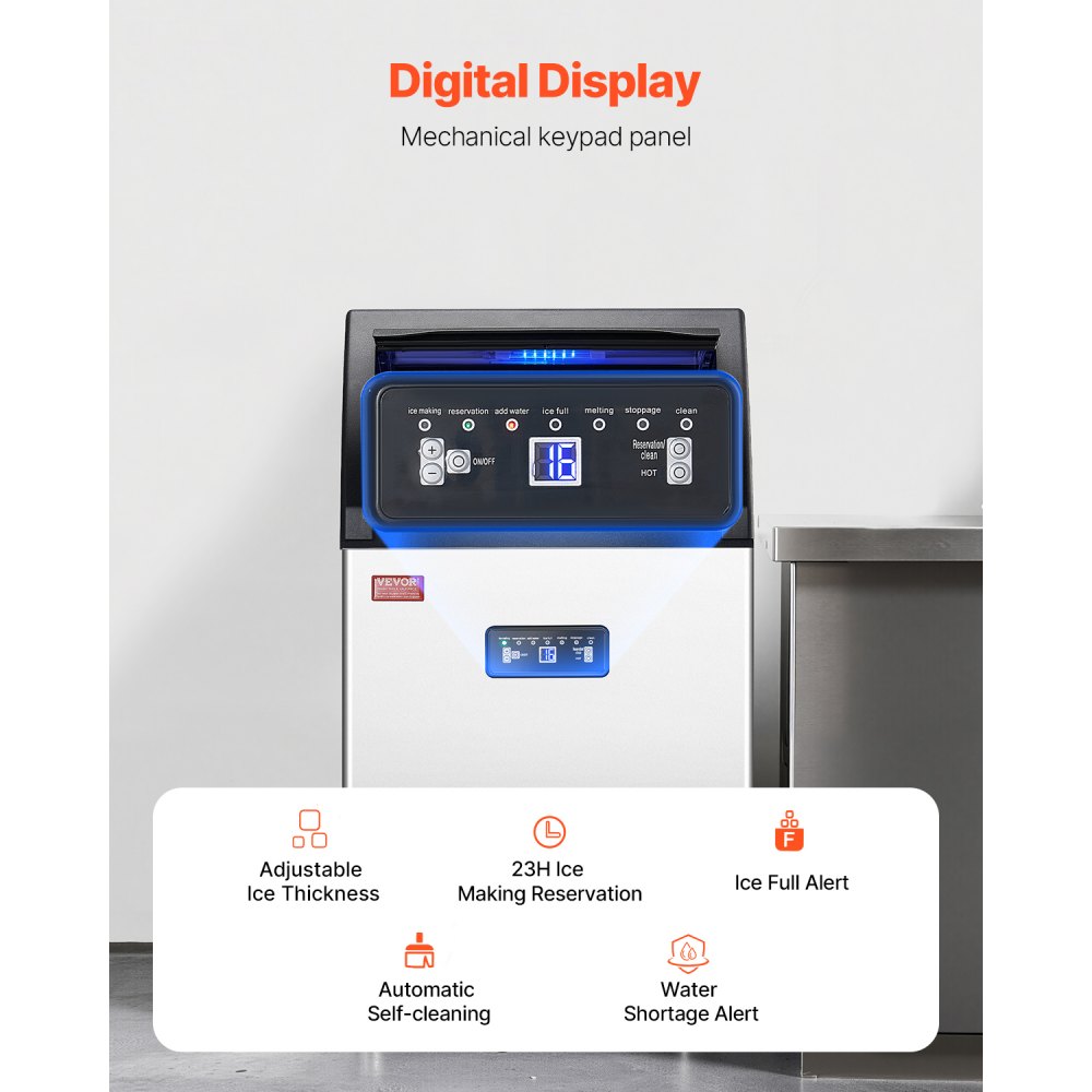 Máquina de hielo comercial VEVOR de 130 lb/24 h, con capacidad de almacenamiento de 33 lb y bomba de drenaje, 55 cubitos de hielo en 15 minutos, pantalla digital LED, autolimpiable e independiente para bares, oficinas y restaurantes.