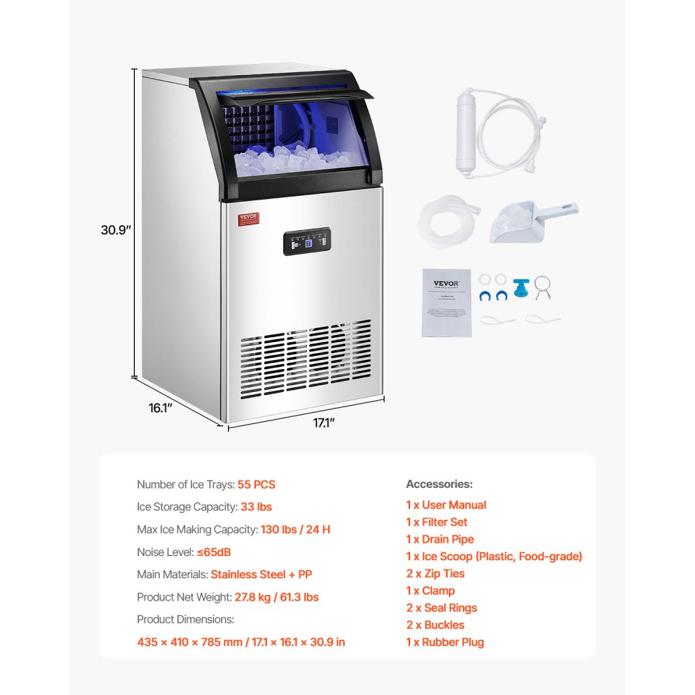 Máquina de hielo comercial VEVOR de 130 lb/24 h, con capacidad de almacenamiento de 33 lb y bomba de drenaje, 55 cubitos de hielo en 15 minutos, pantalla digital LED, autolimpiable e independiente para bares, oficinas y restaurantes.