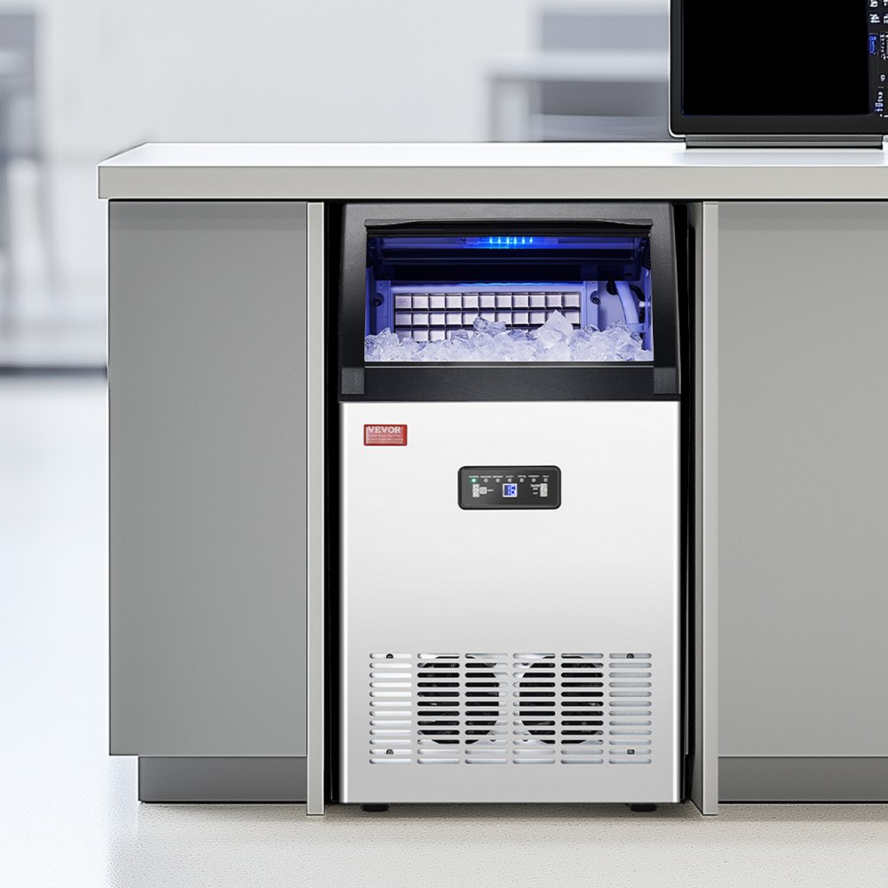 Máquina de hielo comercial VEVOR de 130 lb/24 h, con capacidad de almacenamiento de 33 lb y bomba de drenaje, 55 cubitos de hielo en 15 minutos, pantalla digital LED, autolimpiable e independiente para bares, oficinas y restaurantes.