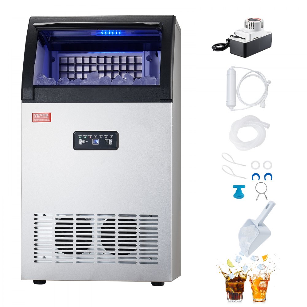 Máquina de hielo comercial VEVOR de 130 lb/24 h, con capacidad de almacenamiento de 33 lb y bomba de drenaje, 55 cubitos de hielo en 15 minutos, pantalla digital LED, autolimpiable e independiente para bares, oficinas y restaurantes.