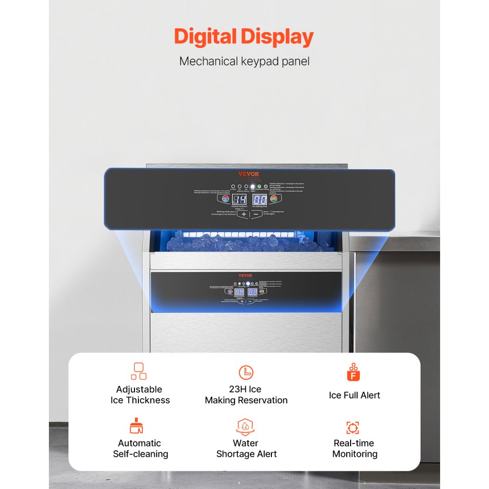 Máquina de hielo comercial VEVOR de 72 kg/24 h, con capacidad de almacenamiento de 30 kg y bomba de drenaje, 80 cubitos de hielo en 15 minutos, pantalla digital LED, autolimpiable e independiente para bares, oficinas y restaurantes.