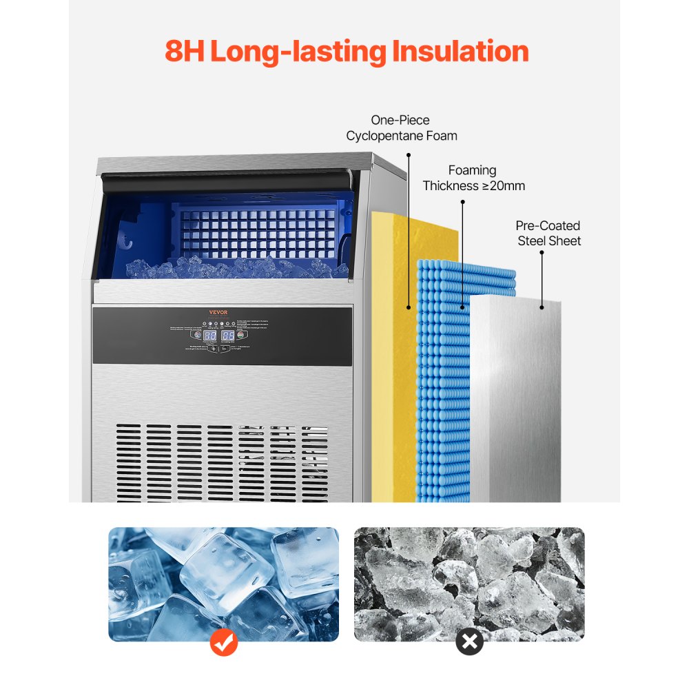 Máquina de hielo comercial VEVOR de 72 kg/24 h, con capacidad de almacenamiento de 30 kg y bomba de drenaje, 80 cubitos de hielo en 15 minutos, pantalla digital LED, autolimpiable e independiente para bares, oficinas y restaurantes.