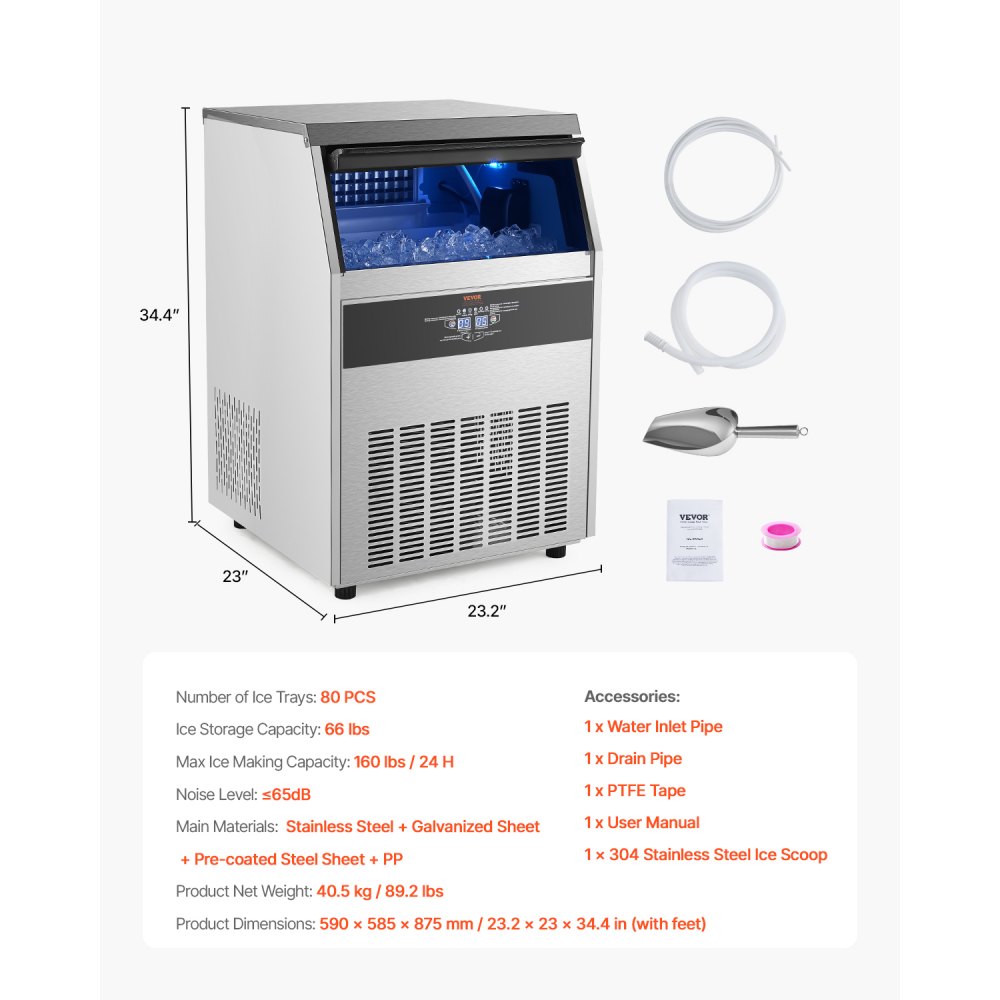Máquina de hielo comercial VEVOR de 72 kg/24 h, con capacidad de almacenamiento de 30 kg y bomba de drenaje, 80 cubitos de hielo en 15 minutos, pantalla digital LED, autolimpiable e independiente para bares, oficinas y restaurantes.