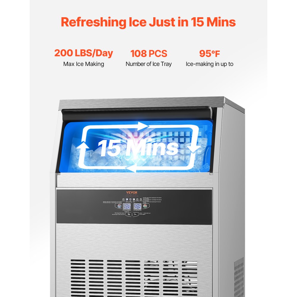 VEVOR 200lbs/24H Commercial Ice Maker Machine, 66lbs Storage Capacity Ice Maker with Drain Pump, 108 Ice Cubes in 15 Minutes, LED Digital Display Freestanding Self-Cleaning for Bar Office Restaurant