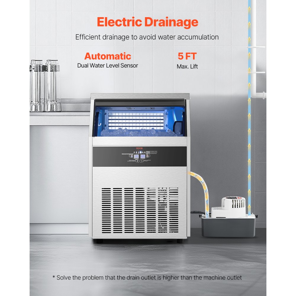 VEVOR 200lbs/24H Commercial Ice Maker Machine, 66lbs Storage Capacity Ice Maker with Drain Pump, 108 Ice Cubes in 15 Minutes, LED Digital Display Freestanding Self-Cleaning for Bar Office Restaurant