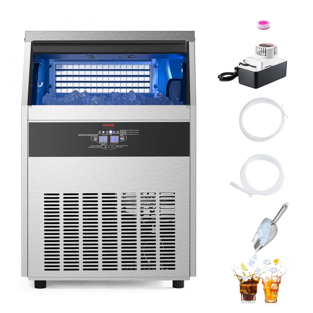 VEVOR 200lbs/24H Commercial Ice Maker Machine, 66lbs Storage Capacity Ice Maker with Drain Pump, 108 Ice Cubes in 15 Minutes, LED Digital Display Freestanding Self-Cleaning for Bar Office Restaurant