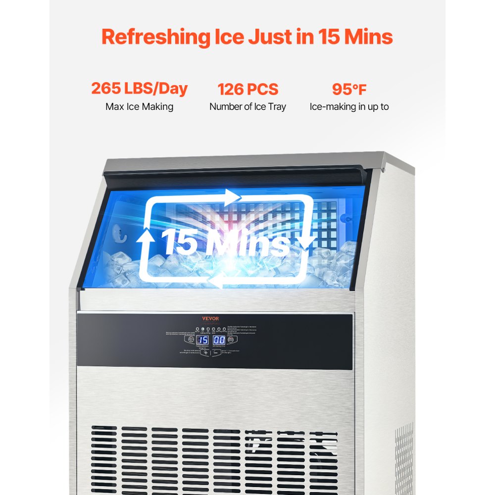 VEVOR 265lbs/24H Commercial Ice Maker Machine, 88lbs Storage Capacity Ice Maker with Drain Pump, 126 Ice Cubes in 15 Minutes, LED Digital Display Freestanding Self-Cleaning for Bar Office Restaurant