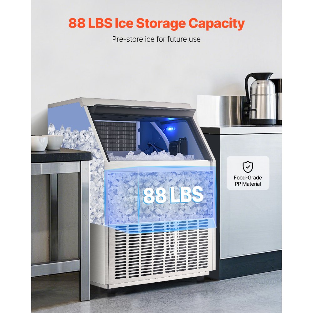 VEVOR 265lbs/24H Commercial Ice Maker Machine, 88lbs Storage Capacity Ice Maker with Drain Pump, 126 Ice Cubes in 15 Minutes, LED Digital Display Freestanding Self-Cleaning for Bar Office Restaurant