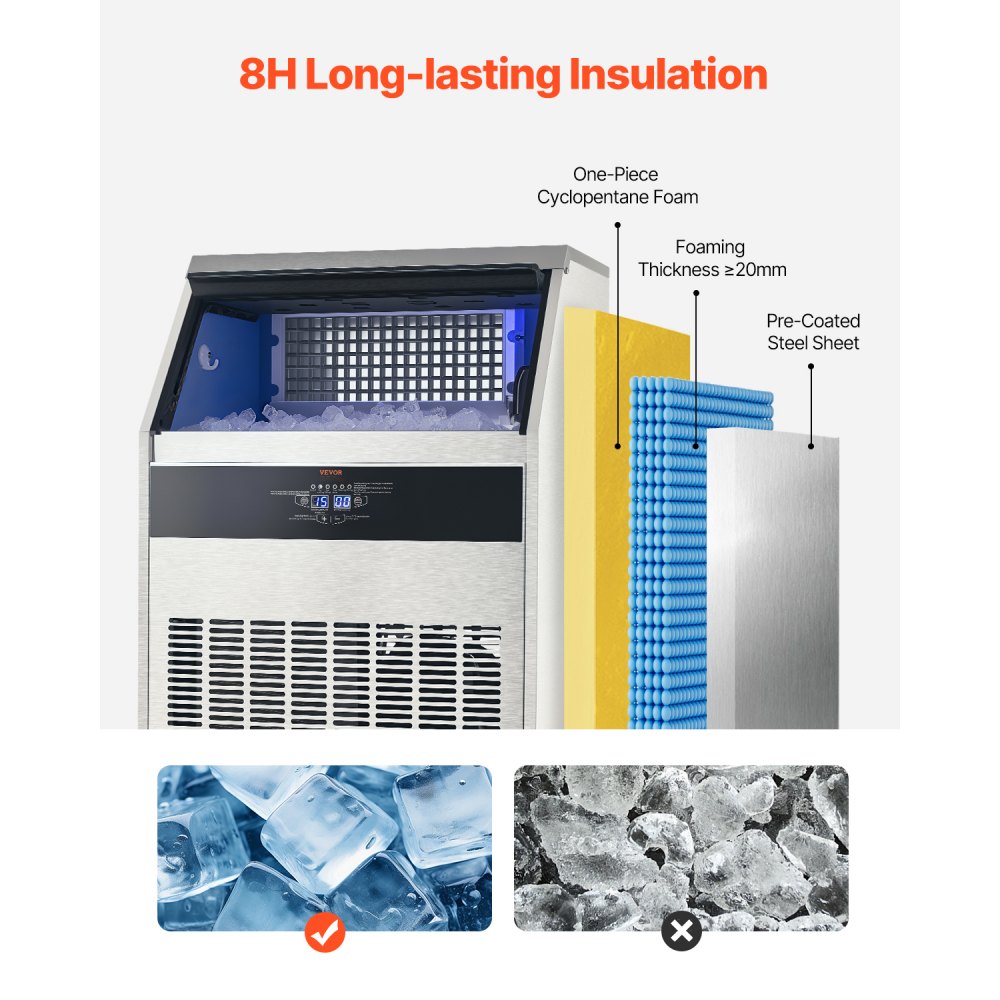 VEVOR 265lbs/24H Commercial Ice Maker Machine, 88lbs Storage Capacity Ice Maker with Drain Pump, 126 Ice Cubes in 15 Minutes, LED Digital Display Freestanding Self-Cleaning for Bar Office Restaurant