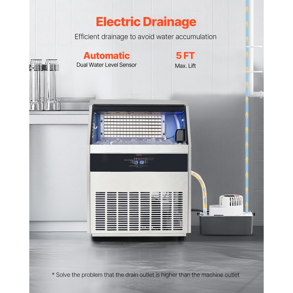 VEVOR 265lbs/24H Commercial Ice Maker Machine, 88lbs Storage Capacity Ice Maker with Drain Pump, 126 Ice Cubes in 15 Minutes, LED Digital Display Freestanding Self-Cleaning for Bar Office Restaurant