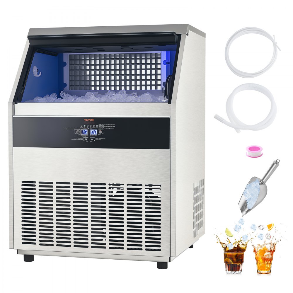 VEVOR 265lbs/24H Commercial Ice Maker Machine, 88lbs Storage Capacity Ice Maker with Drain Pump, 126 Ice Cubes in 15 Minutes, LED Digital Display Freestanding Self-Cleaning for Bar Office Restaurant