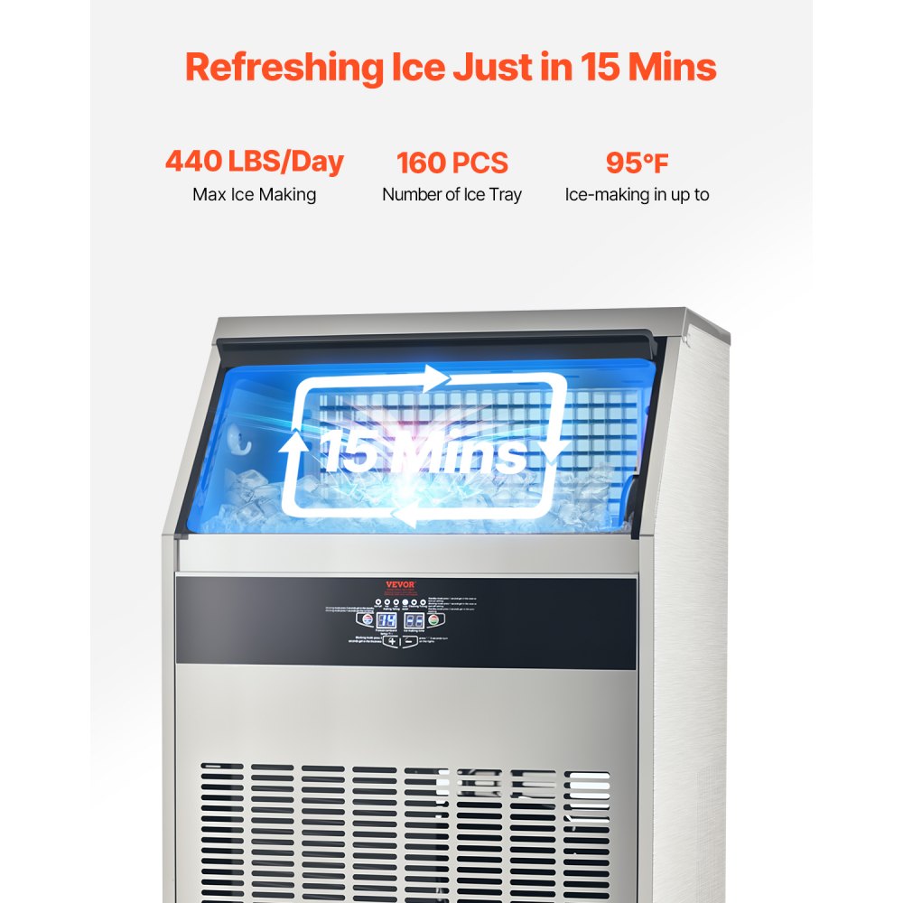 VEVOR 440lbs/24H Commercial Ice Maker Machine, 130lbs Storage Capacity Ice Maker with Drain Pump, 160 Ice Cubes in 15 Minutes, LED Digital Display Freestanding Self-Cleaning for Bar Office Restaurant