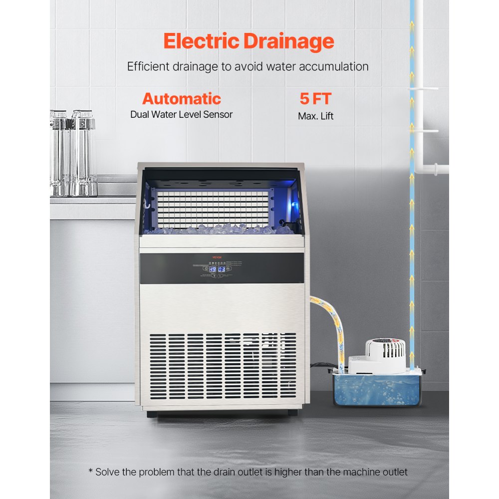 VEVOR 440lbs/24H Commercial Ice Maker Machine, 130lbs Storage Capacity Ice Maker with Drain Pump, 160 Ice Cubes in 15 Minutes, LED Digital Display Freestanding Self-Cleaning for Bar Office Restaurant