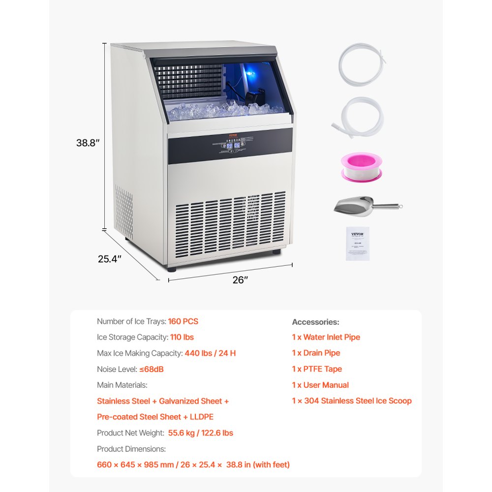 VEVOR 440lbs/24H Commercial Ice Maker Machine, 130lbs Storage Capacity Ice Maker with Drain Pump, 160 Ice Cubes in 15 Minutes, LED Digital Display Freestanding Self-Cleaning for Bar Office Restaurant