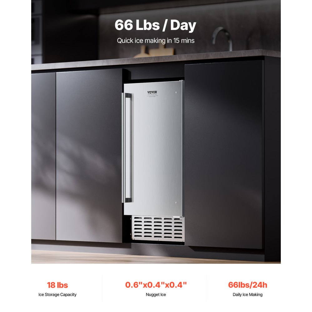 VEVOR Undercounter Built-in Ice Maker, 66 Lbs/Day Under Counter Nugget Ice Maker Machine with Reversible Door Stainless Steel, Freestanding Ice Maker for Commercial Home Kitchen, Electric Drainage