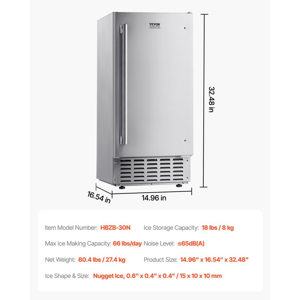 VEVOR Undercounter Built-in Ice Maker, 66 Lbs/Day Under Counter Nugget Ice Maker Machine with Reversible Door Stainless Steel, Freestanding Ice Maker for Commercial Home Kitchen, Electric Drainage