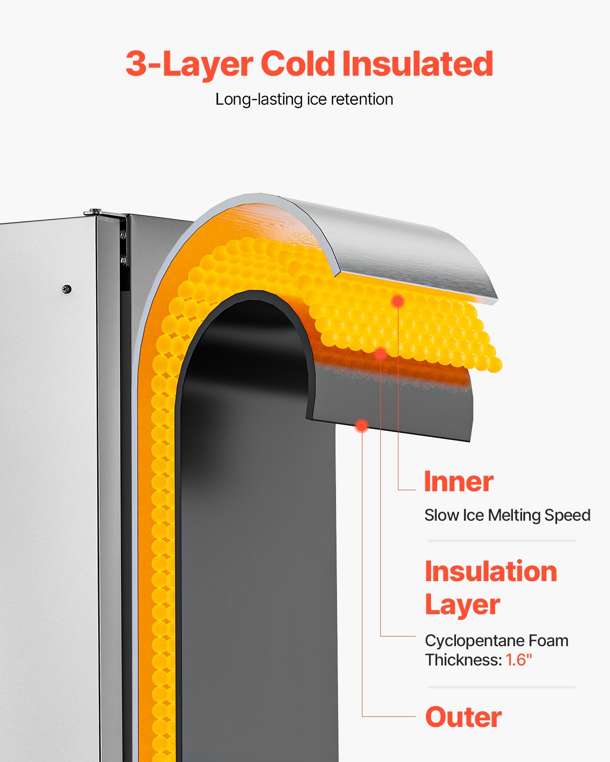 VEVOR Undercounter Built-in Ice Maker, 66 Lbs/Day Under Counter Nugget Ice Maker Machine with Reversible Door Stainless Steel, Freestanding Ice Maker for Commercial Home Kitchen, Electric Drainage