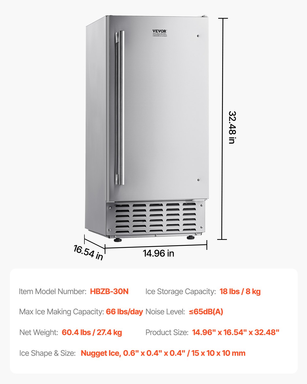 VEVOR Undercounter Built-in Ice Maker, 66 Lbs/Day Under Counter Nugget Ice Maker Machine with Reversible Door Stainless Steel, Freestanding Ice Maker for Commercial Home Kitchen, Electric Drainage