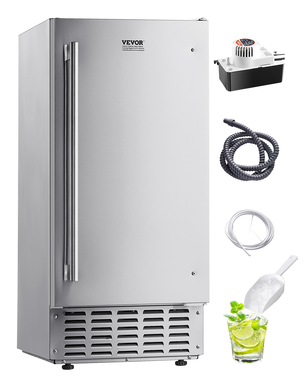 VEVOR Undercounter Built-in Ice Maker, 66 Lbs/Day Under Counter Nugget Ice Maker Machine with Reversible Door Stainless Steel, Freestanding Ice Maker for Commercial Home Kitchen, Electric Drainage