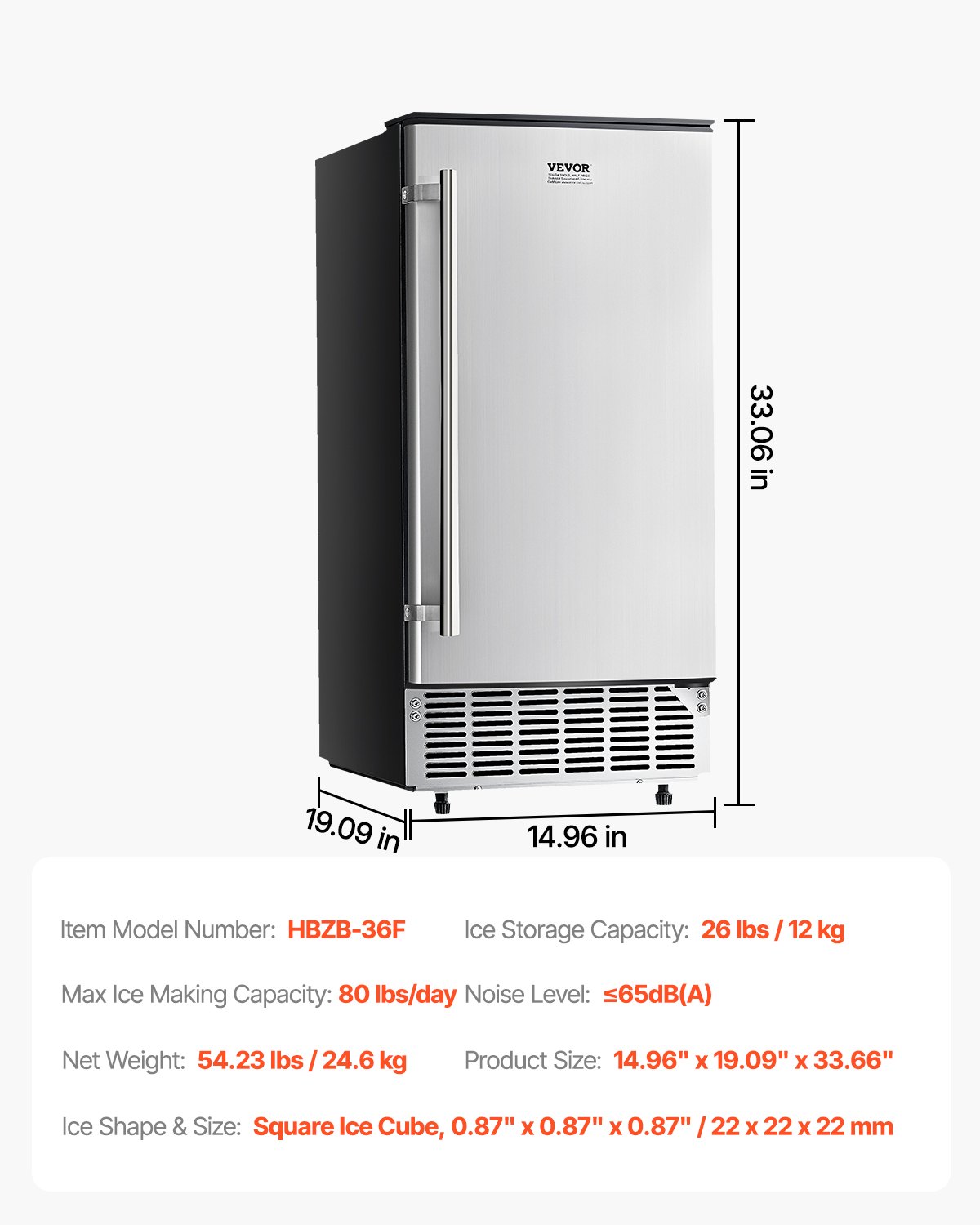 VEVOR Undercounter Built-in Ice Maker, 80 Lbs/Day Under Counter Ice Maker Machine with Reversible Door Stainless Steel, Freestanding Ice Maker for Commercial Home Kitchen, Electric Drainage