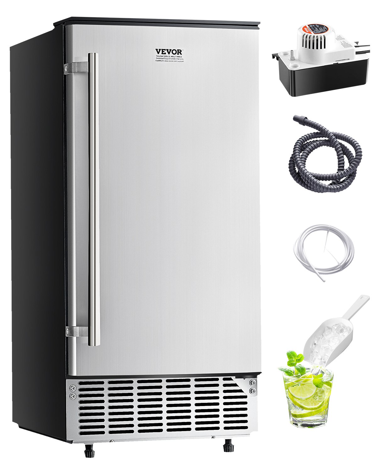 VEVOR Undercounter Built-in Ice Maker, 80 Lbs/Day Under Counter Ice Maker Machine with Reversible Door Stainless Steel, Freestanding Ice Maker for Commercial Home Kitchen, Electric Drainage