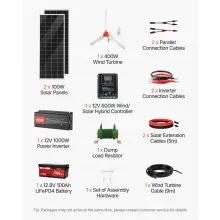 VEVOR 12V 600W Solar Wind Power Kit, 2PCS 100W Solar Panel + 400W Wind Turbine + 12.8V 100Ah LiFePO4 Battery + 1000W Power Inverter + MPPT Hybrid Controller for Home RV Boat Off-Grid Applications