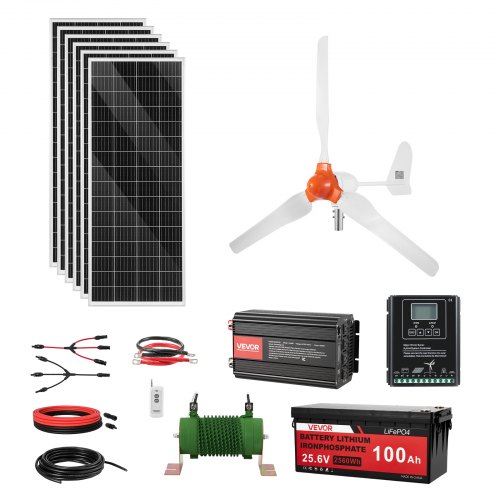 VEVOR 24V 1000W Solar Wind Power Kit, 6*100W Solar Panel + 400W Wind Turbine + 25.6V 100Ah LiFePO4 Battery + 3000W Power Inverter + MPPT Wind/Solar Hybrid Controller for Home Boat Cabin Farm Off-Grid