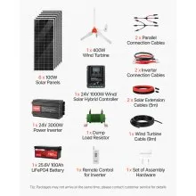 VEVOR 24V 1000W Solar Wind Power Kit, 6*100W Solar Panel + 400W Wind Turbine + 25.6V 100Ah LiFePO4 Battery + 3000W Power Inverter + MPPT Wind/Solar Hybrid Controller for Home Boat Cabin Farm Off-Grid