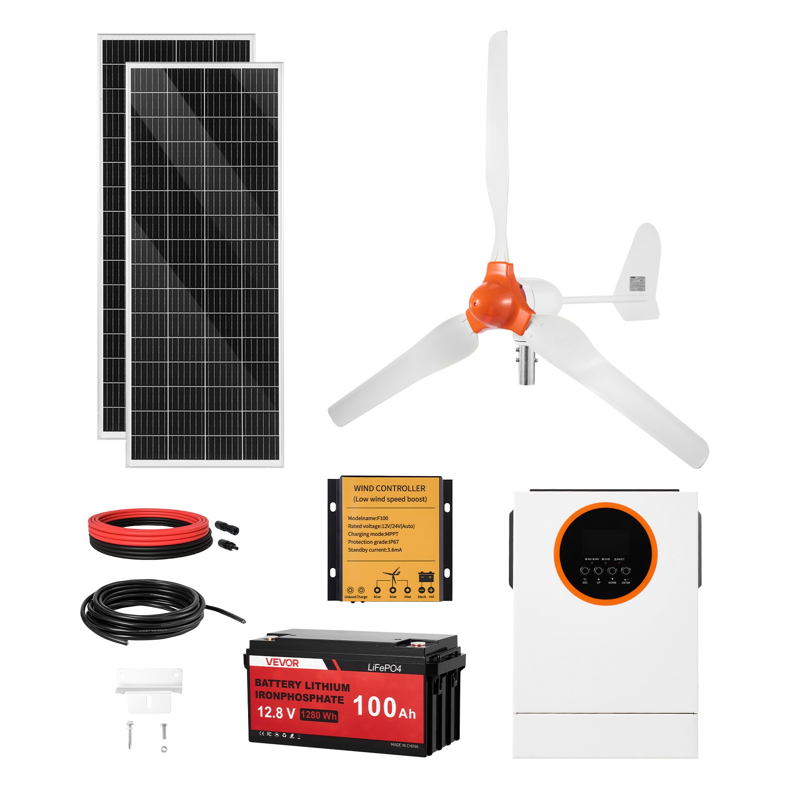 VEVOR 12V 600W Solar Wind Power Kit, 2PCS 100W Monocrystalline Panel + 400W Wind Turbine & Controller + 12.8V 100Ah LiFePO4 Battery + 1000W Hybrid Solar Inverter for Home RV Boat Camping Off-Grid