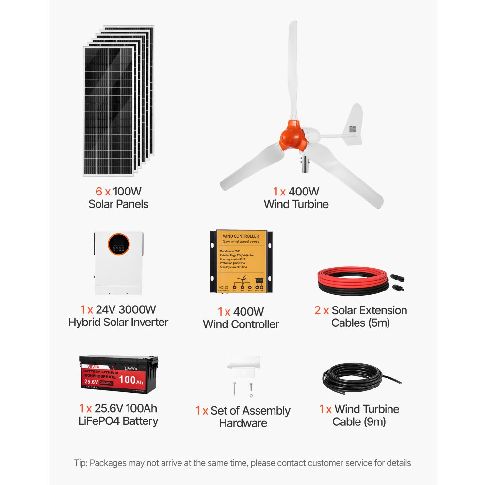 VEVOR 24V 1000W Solar Wind Power Kit, 6PCS 100W Monocrystalline Panel + 400W Wind Turbine & Controller + 25.6V 100Ah LiFePO4 Battery + 24V 3000W Hybrid Solar Inverter for Home Boat Cabin Farm Off-Grid
