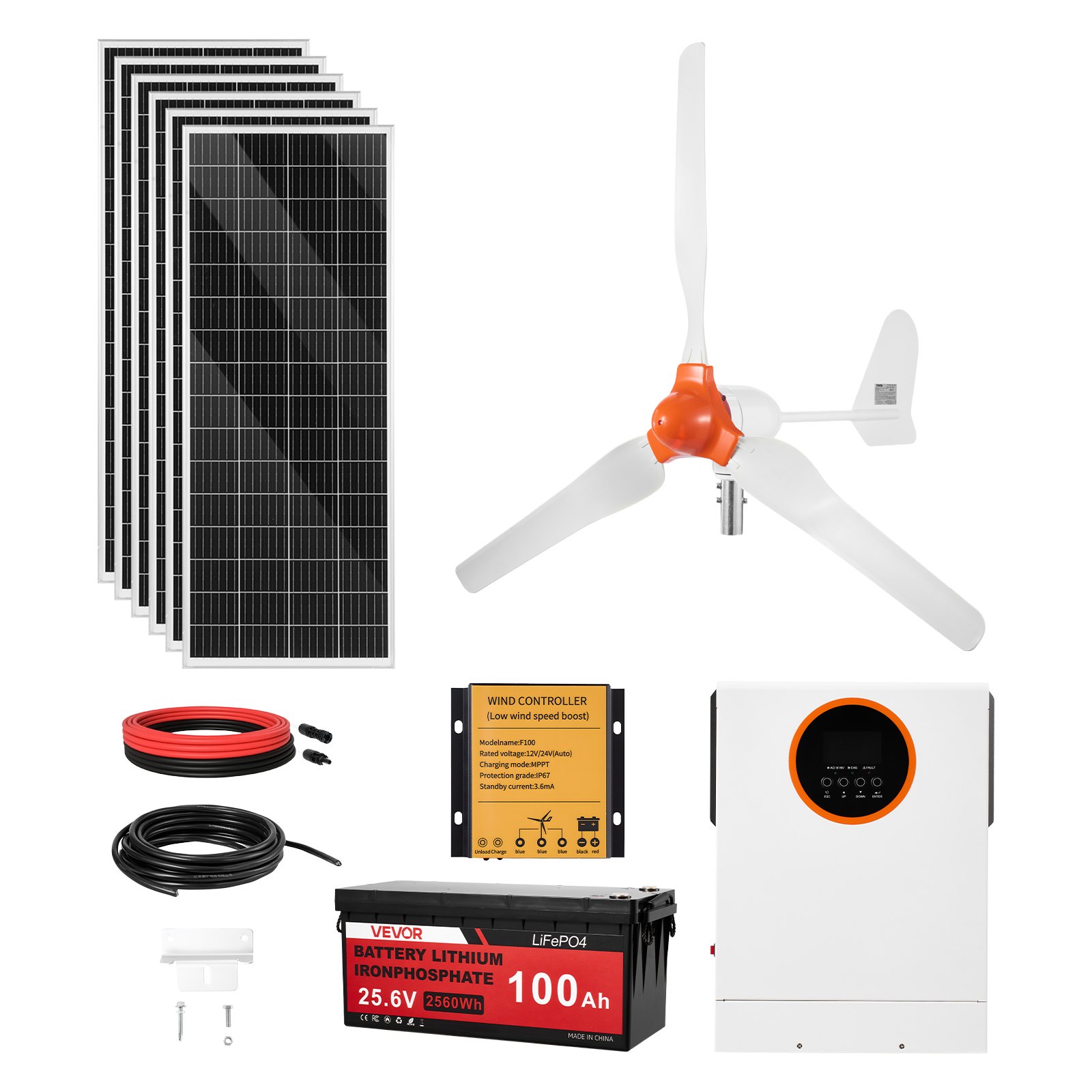VEVOR 24V 1000W Solar Wind Power Kit, 6PCS 100W Monocrystalline Panel + 400W Wind Turbine & Controller + 25.6V 100Ah LiFePO4 Battery + 24V 3000W Hybrid Solar Inverter for Home Boat Cabin Farm Off-Grid