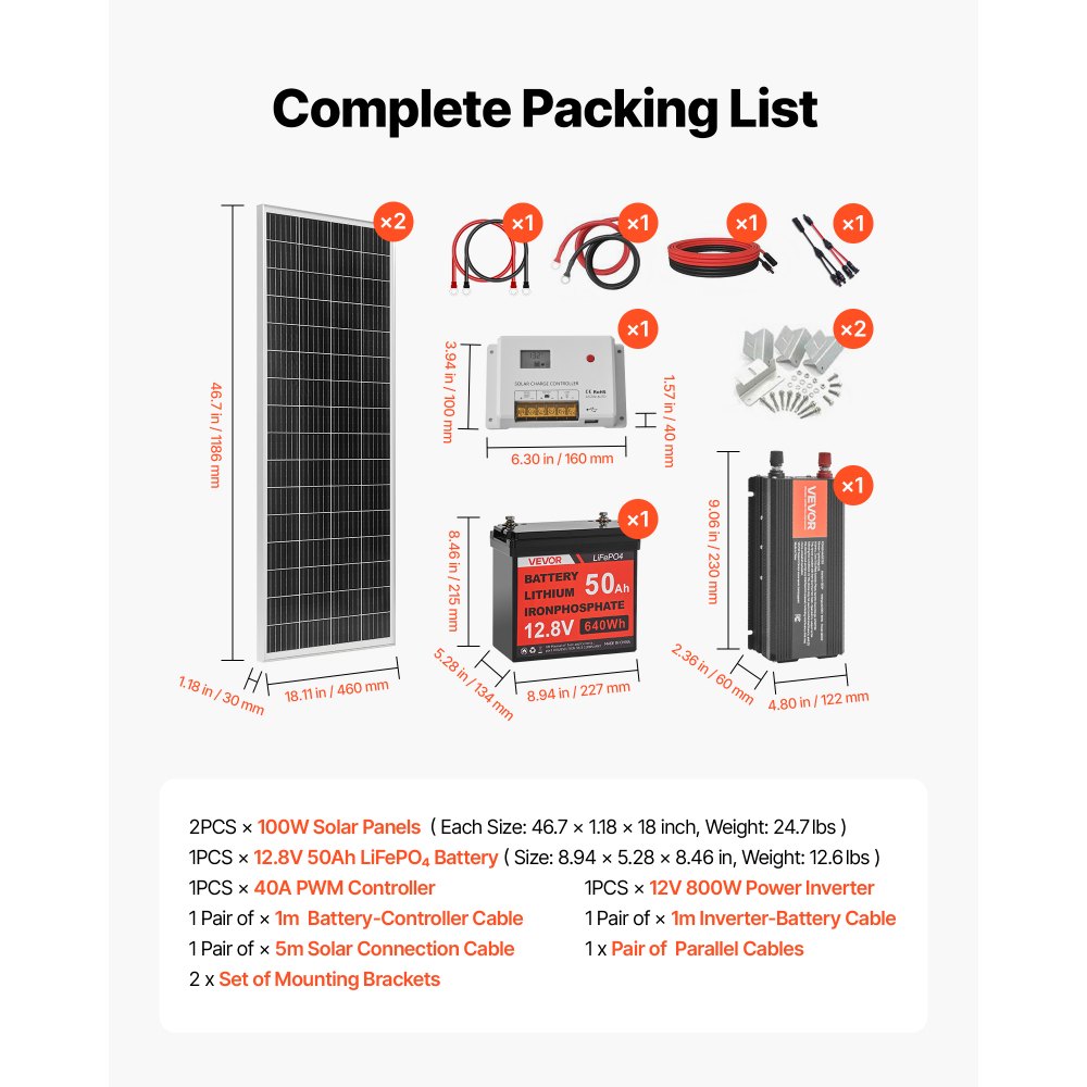VEVOR 200W 12V Complete Solar Power Kit, 2PCS 100W Monocrystalline Solar Panels + 12.8V 50Ah LiFePO₄ Battery + 40A Charge Controller + 800W Power Inverter, Ideal for RV Home Camping Boat Off-Grid