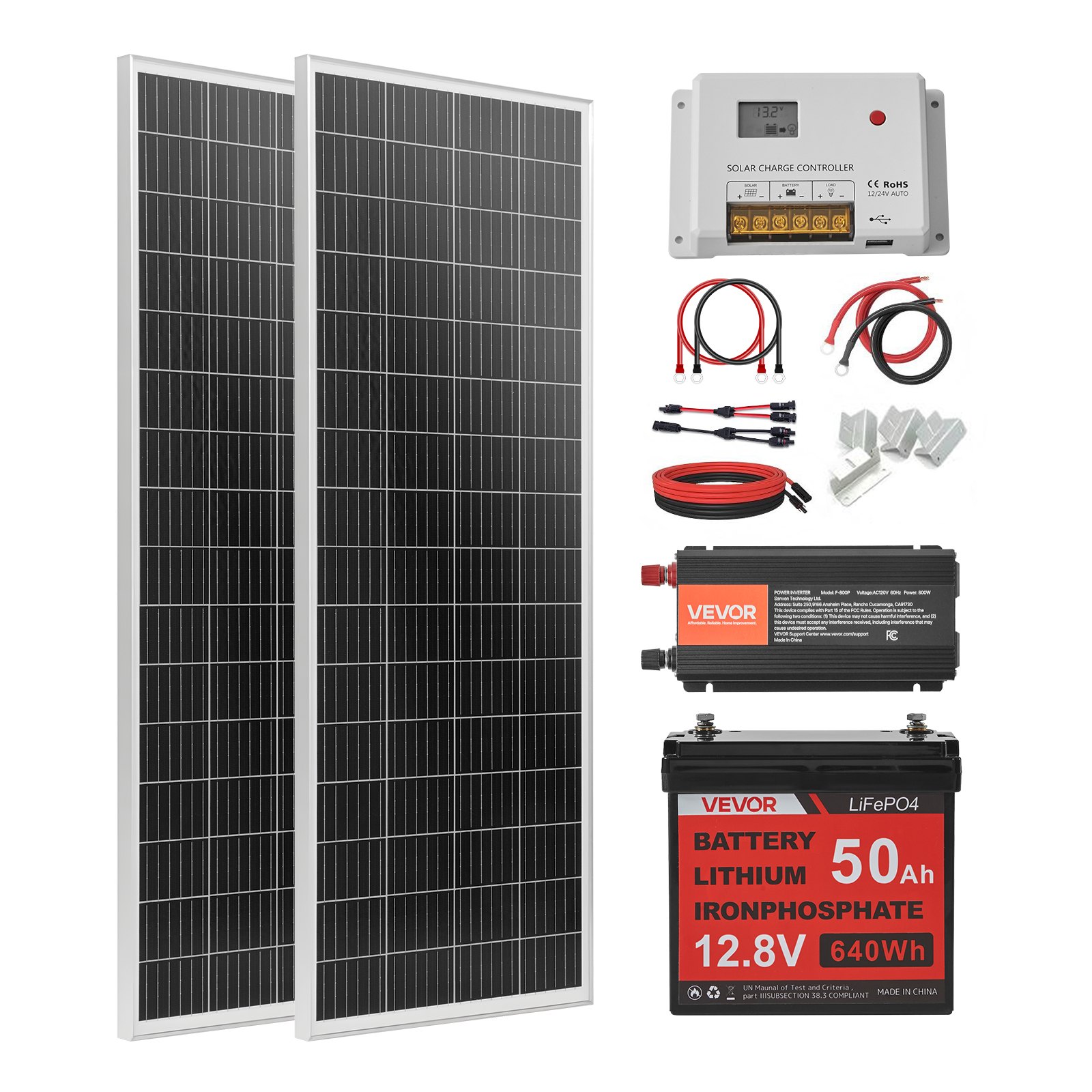 VEVOR 200W 12V Complete Solar Power Kit, 2PCS 100W Monocrystalline Solar Panels + 12.8V 50Ah LiFePO₄ Battery + 40A Charge Controller + 800W Power Inverter, Ideal for RV Home Camping Boat Off-Grid