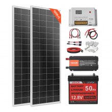 VVEVOR 200W 12V Complete Solar Power Kit, 2PCS 100W Monocrystalline Solar Panels + 12.8V 50Ah LiFePO₄ Battery + 40A Charge Controller + 800W Power Inverter, Ideal for RV Home Camping Boat Off-Grid