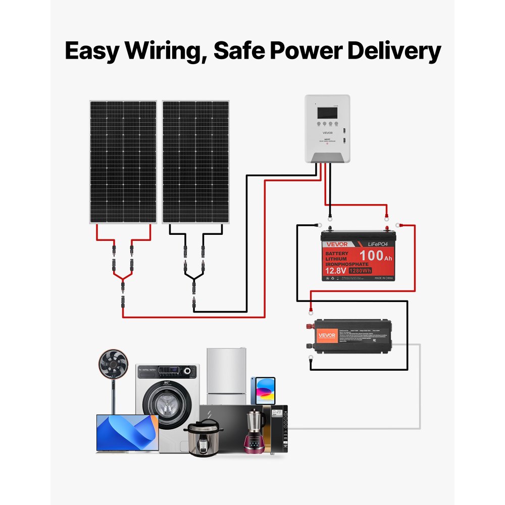 VEVOR 400W 12V Complete Solar Power Kit, 2PCS 200W Monocrystalline Solar Panels + 12.8V 100Ah LiFePO₄ Battery + 40A MPPT Charge Controller + 1000W Power Inverter for RV Home Camping Boats Off-Grid