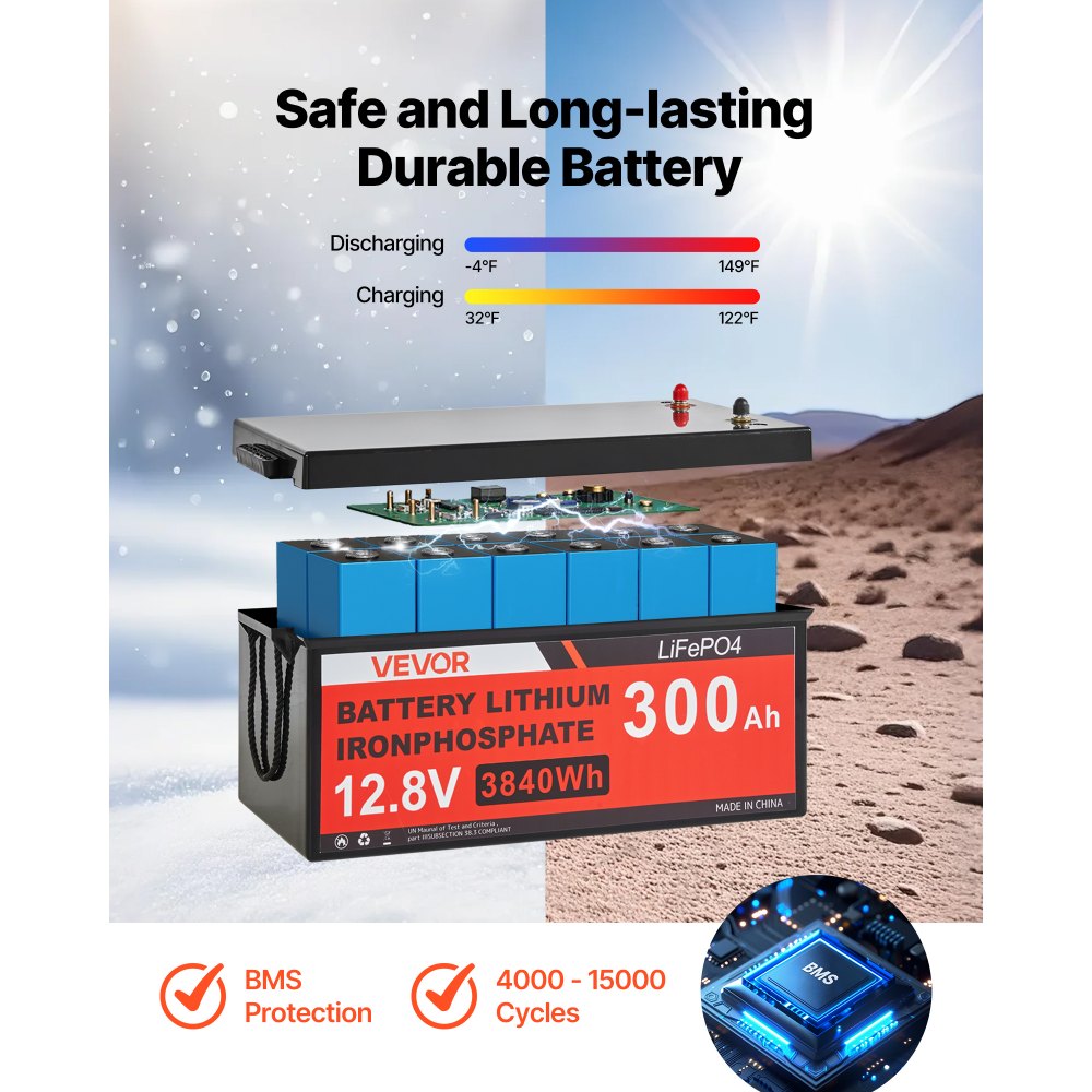 VEVOR 800W 12V Complete Solar Power Kit, 4*200W Monocrystalline Solar Panels + 12.8V 300Ah LiFePO₄ Battery + 60A MPPT Charge Controller + 2000W Power Inverter for Home, Small Farm, Cabin, Off-Grid