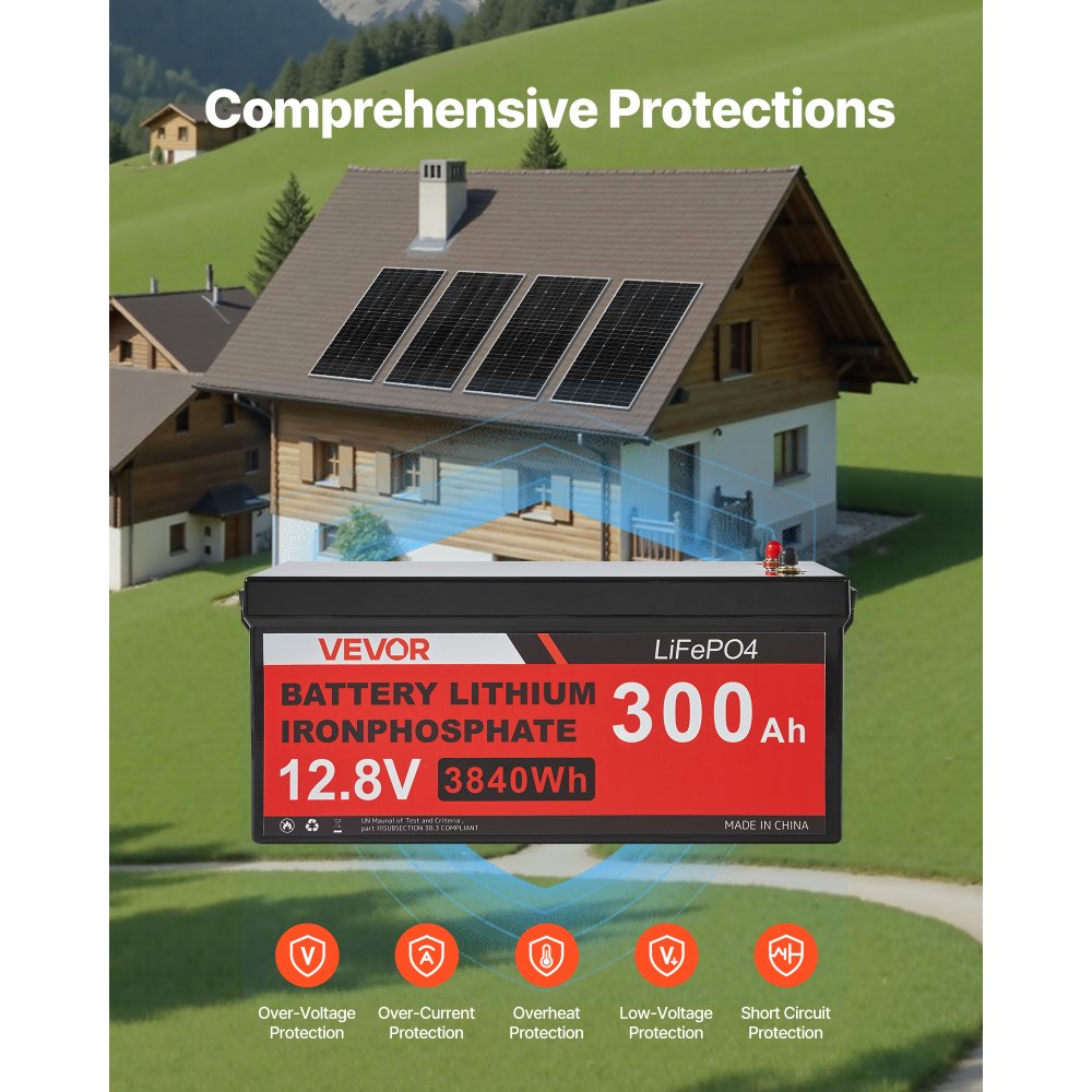 VEVOR 800W 12V Complete Solar Power Kit, 4*200W Monocrystalline Solar Panels + 12.8V 300Ah LiFePO₄ Battery + 60A MPPT Charge Controller + 2000W Power Inverter for Home, Small Farm, Cabin, Off-Grid