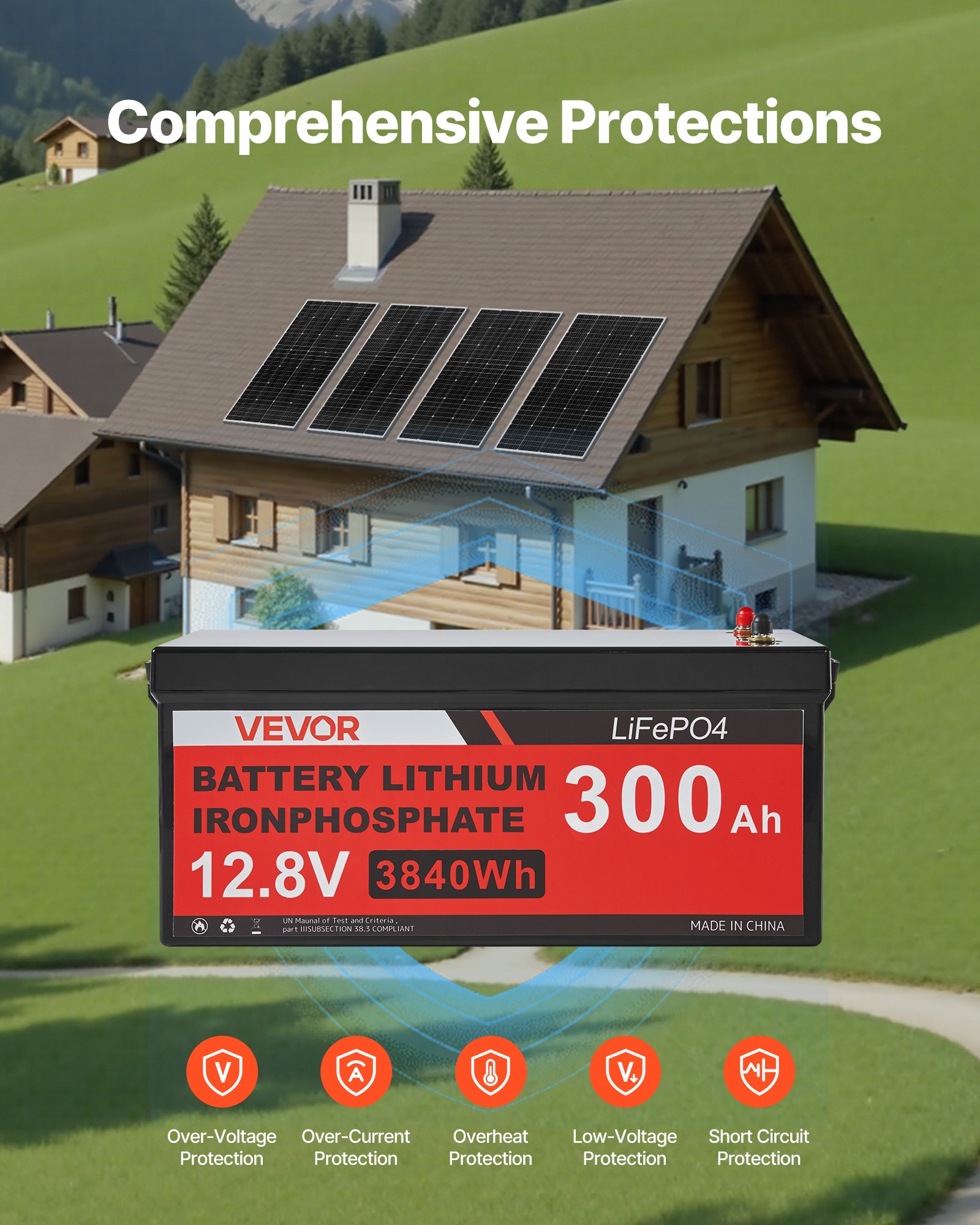 VEVOR 800W 12V Complete Solar Power Kit, 4*200W Monocrystalline Solar Panels + 12.8V 300Ah LiFePO₄ Battery + 60A MPPT Charge Controller + 2000W Power Inverter for Home, Small Farm, Cabin, Off-Grid