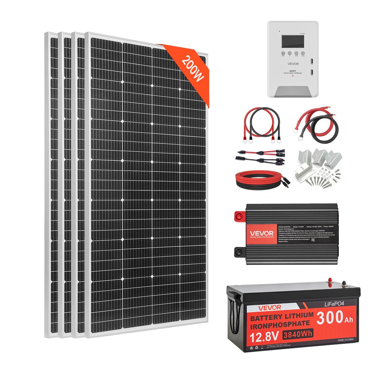 VEVOR 800W 12V Complete Solar Power Kit, 4*200W Monocrystalline Solar Panels + 12.8V 300Ah LiFePO₄ Battery + 60A MPPT Charge Controller + 2000W Power Inverter for Home, Small Farm, Cabin, Off-Grid